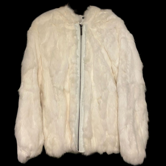 Phase Two White Rabbit Fur Jacket Leather Trim  Size Medium Womens Winter Coat - Picture 4 of 14
